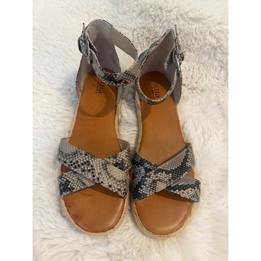 ANA Blaze Snakeskin Print Espadrille Flat Sandals Grey Black Ankle Strap 8.5 M
